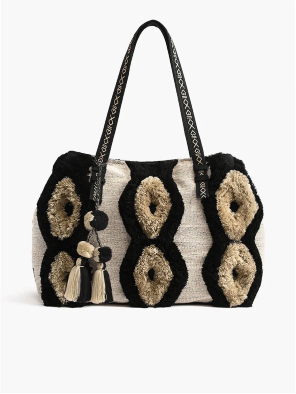 Boho Woven Black and Cream Weekender with Tassel Accents - Picture 2 of 5